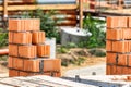 Red ceramic bricks at the construction site. Keramoblock. Hollow brick. Construction of a red brick building. Close-up. Material Royalty Free Stock Photo