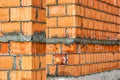 Red ceramic bricks at the construction site. Keramoblock. Hollow brick. Construction of a red brick building. Close-up. Material Royalty Free Stock Photo