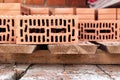 Red ceramic bricks at the construction site. Keramoblock. Hollow brick. Construction of a red brick building. Close-up. Material Royalty Free Stock Photo