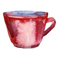 Red ceramic cup of tea. Watercolor background illustration set. Isolated drink illustration element.