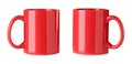 Red ceramic mugs on white background, collage. Banner design Royalty Free Stock Photo