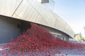 Red ceramic poppies memorial outside the IWM North.