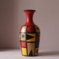 Red ceramic vase with abstract geometric patterns in yellow black red and tan pottery Royalty Free Stock Photo