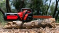 Red chainsaw resting on a log in a forest setting Royalty Free Stock Photo