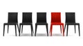 Red chair among black chairs isolated on white