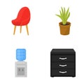 A red chair with a comfortable back, an aloe flower in a pot, an apparatus with clean water, a cabinet for office papers