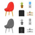 A red chair with a comfortable back, an aloe flower in a pot, an apparatus with clean water, a cabinet for office papers