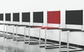 red chair in line of empty black chairs 3d render illustration