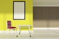 Red chair living room, poster, yellow