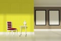 Red chair living room, two posters, yellow