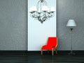 Red chair with luxury chandelier and stand lamp