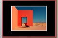 a red chair sits in front of an orange wall