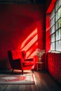 Red chair sits in room with large window and vase of flowers on small table. Generative AI Royalty Free Stock Photo