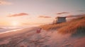 A red chair sitting on the beach next to a lifeguard tower, AI