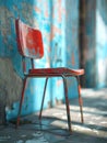 A red chair sitting on a concrete floor next to blue wall, AI