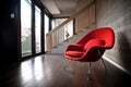 a red chair sitting in a room next to a stair case and a wooden floor with a railing on the other side of the room Royalty Free Stock Photo
