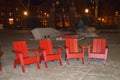 Red chairs near Memorial Hall in Cambridge in Boston, USA on December 11, 2016.