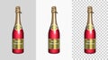 Red Champagne Bottle with Gold Labels Merry Christmas and Happy New Year 2021. Isolated Realistic Sparkling Wine Bottle with Royalty Free Stock Photo