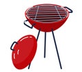 Red charcoal grill with a lid off ready for barbecue. Outdoor cooking equipment vector illustration