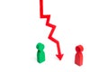 A red chart arrow down divides the two people discussing the case. Termination and breakdown of relations, breaking ties. Contract Royalty Free Stock Photo