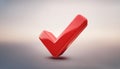 Red check mark icon. Symbol of approval. 3D rendering, modern illustration. Light backdrop