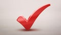 Red check mark icon. Symbol of approval. 3D rendering, modern illustration. Light backdrop