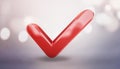 Red check mark icon. Symbol of approval. 3D rendering, modern illustration. Light backdrop