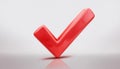 Red check mark icon. Symbol of approval. 3D rendering, modern illustration. Light backdrop