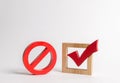 A red check mark and a NO symbol. lack of choice or election of the state. Restriction of rights and freedoms. No option