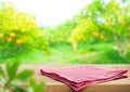 Red checked cloth on wood table top with blur of orange garden farm background Royalty Free Stock Photo