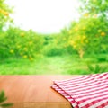 Red checked cloth on wood table top with blur of orange garden farm background Royalty Free Stock Photo