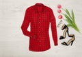 Red checkered blouse, tulips, glasses, lipstick. Fashion concept Royalty Free Stock Photo