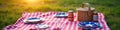 Red checkered picnic blanket with basket and plates on grass in sunset Royalty Free Stock Photo