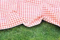 Red checkered picnic cloth on green grass background,empty space food advertisement backdrop Royalty Free Stock Photo