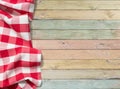 Red checkered picnic tablecloth on colorful wood table