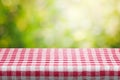 Red checkered tablecloth with bokeh morning light