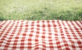 Red checkered tablecloth on grass,empty space blank. Food design advertisement template. Picnic place. Checked cloth Royalty Free Stock Photo