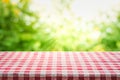 Red checkered tablecloth texture top view with abstract green bokeh