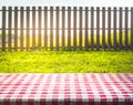 Red checkered tablecloth texture top with view garden, fence Royalty Free Stock Photo