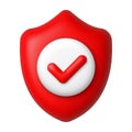 Red checkmark and shield 3d icon. Security and protection concept. 3d realistic vector design element