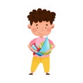 Red Cheeked Boy Holding Pile of Different Toys in Playroom Vector Illustration