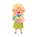 Red Cheeked Girl Holding Pile of Different Toys in Playroom Vector Illustration