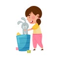 Red Cheeked Girl Playing with Stuffed Hare Toy in Playroom Vector Illustration