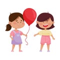 Red Cheeked Little Girl Sharing Balloon with Her Friend Vector Illustration