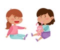 Red Cheeked Little Girl Sharing Toy Hare with Her Friend Vector Illustration