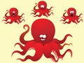 Red cheerful cartoon octopus, with a different face. Royalty Free Stock Photo