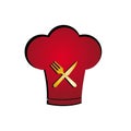 Red chef hat and golden fork and knife cross vector illustration logo icon template