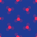 Red Chemical formula for water drops H2O shaped icon isolated seamless pattern on blue background. Vector Royalty Free Stock Photo