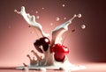 Red cherries on a background of splashes of milk or yogurt.