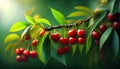 Red cherries branch just harvest green sunny background Copy space cherry tree farming agriculture antioxidant berry bokeh bush Royalty Free Stock Photo